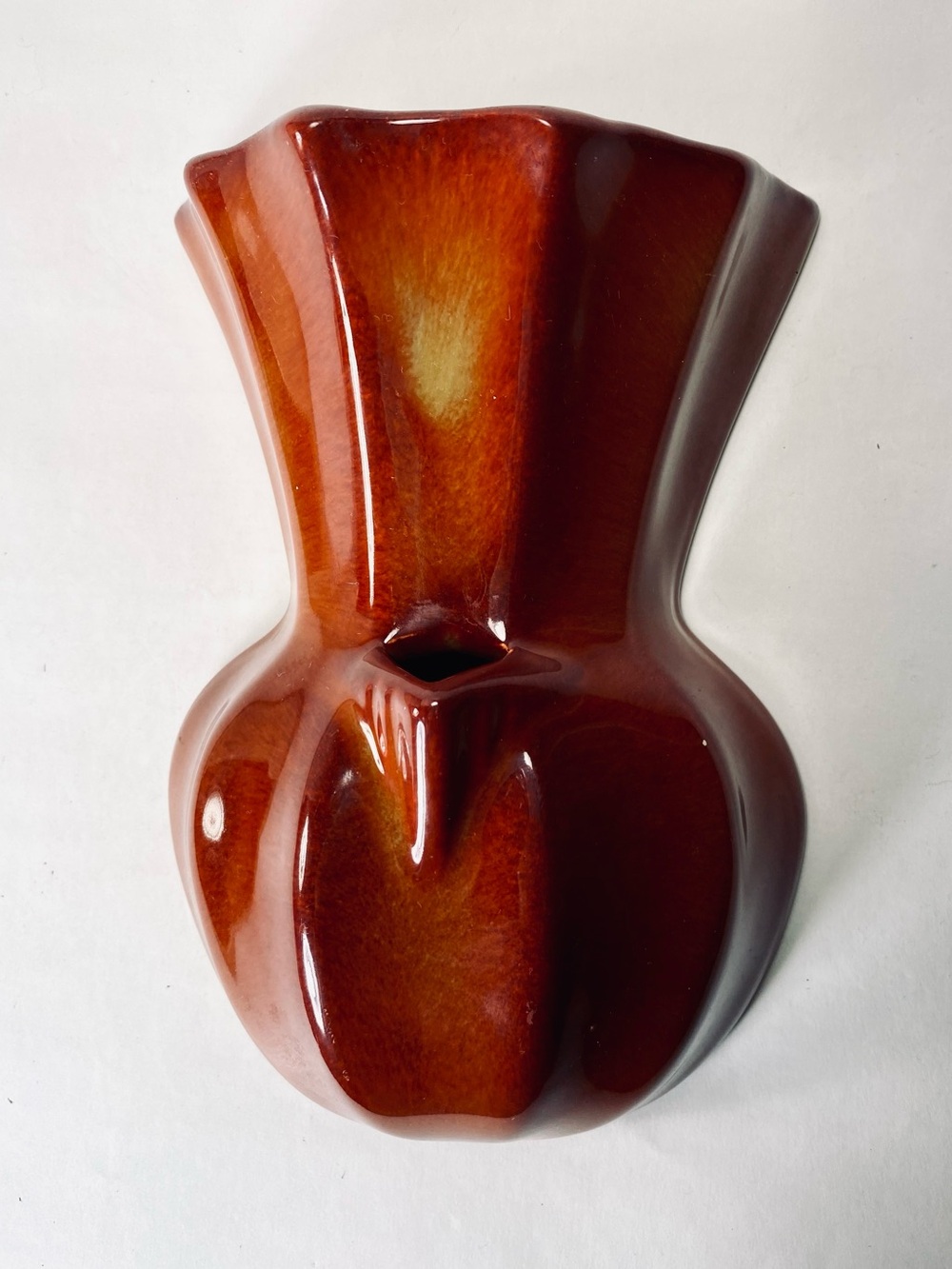 Vintage Red Orange Glazed Ceramic Wall Pocket Vase Marked California on Back